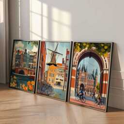 Set Of 3 Amsterdam Posters, Netherlands Travel Dutch Wall Art Prints, Iconic Poster Set, European City Prints - thumbnail 4