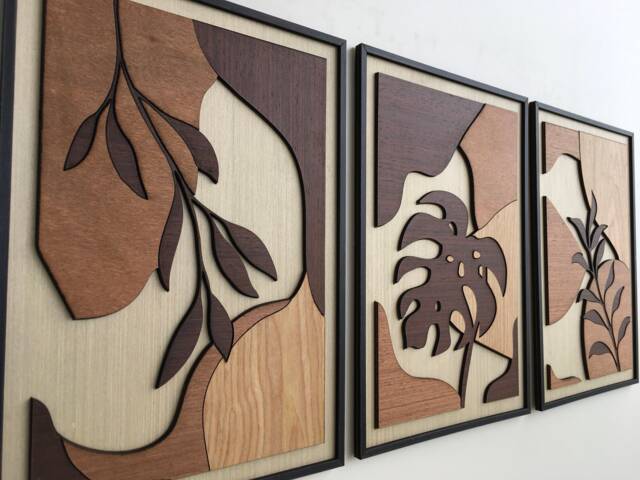 Tropical Leaf Wood Wall Art - Botanical Plant Decor Tree Mid Century Modern Wall Art Boho Room Bauhaus - Set Of 3 - image 1