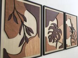 Tropical Leaf Wood Wall Art - Botanical Plant Decor Tree Mid Century Modern Wall Art Boho Room Bauhaus - Set Of 3 - thumbnail 1