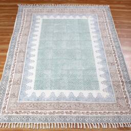 Hand Block Print Cotton Rug Green & Brown Indian Runner - thumbnail 2