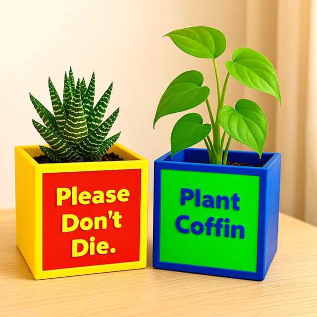 "Funny Square Plant Pots, Bold & Colourful - 10x10cm Cube ""Felt Cute', ""Please Don't Die', " - image 1
