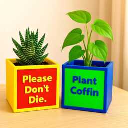 "Funny Square Plant Pots, Bold & Colourful - 10x10cm Cube ""Felt Cute', ""Please Don't Die', " - thumbnail 1