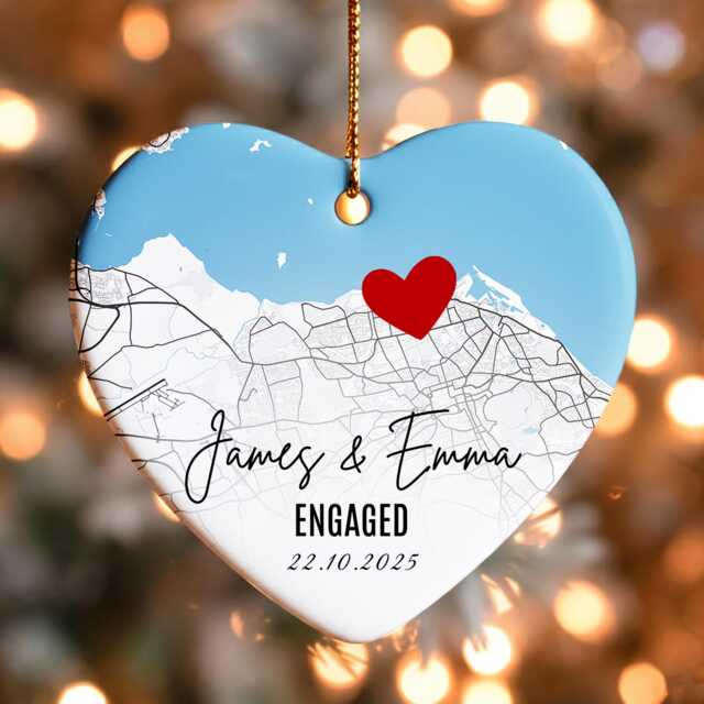 Personalised Engagement Map Ornament - Heart Ceramic Keepsake With Names & Date, Custom Location Gift For Couples, First Christmas Engaged - image 1