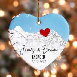 Personalised Engagement Map Ornament - Heart Ceramic Keepsake With Names & Date, Custom Location Gift For Couples, First Christmas Engaged - thumbnail 1
