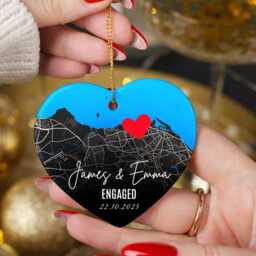 Personalised Engagement Map Ornament - Heart Ceramic Keepsake With Names & Date, Custom Location Gift For Couples, First Christmas Engaged - thumbnail 2
