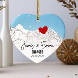 Personalised Engagement Map Ornament - Heart Ceramic Keepsake With Names & Date, Custom Location Gift For Couples, First Christmas Engaged - thumbnail 4