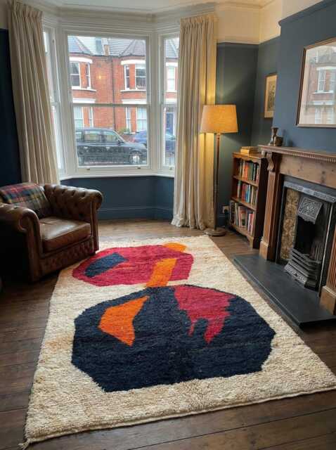 Authentic Handmade Moroccan Rug - Abstract Navy & Orange Wool Carpet Bold Mid-Century Modern Area - image 1