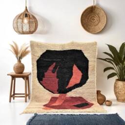 Authentic Handmade Moroccan Rug - Abstract Navy & Orange Wool Carpet Bold Mid-Century Modern Area - thumbnail 2