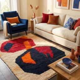 Authentic Handmade Moroccan Rug - Abstract Navy & Orange Wool Carpet Bold Mid-Century Modern Area - thumbnail 3