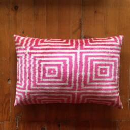 Pink Ikat Velvet Pillow Cover Greek Key Accent Cushion - thumbnail 3
