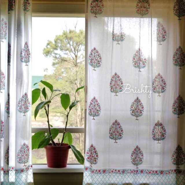 Block Printed Airy White Cotton Curtain Panels, Light & Breezy Semi Sheer Curtains For Living Room, Bedroom, Meditation Nursery - image 1