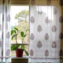 Block Printed Airy White Cotton Curtain Panels, Light & Breezy Semi Sheer Curtains For Living Room, Bedroom, Meditation Nursery