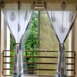 Block Printed Airy White Cotton Curtain Panels, Light & Breezy Semi Sheer Curtains For Living Room, Bedroom, Meditation Nursery - thumbnail 4