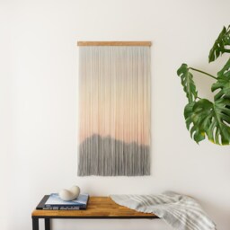 Mountain Tapestry, Wall Hanging. Fiber Art, Sunset Dip Dye Macrame - thumbnail 2