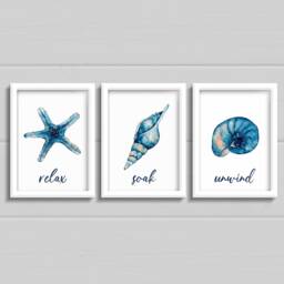 Set Of 3 Bathroom Shell Prints, Relax, Soak, Unwind, Blue Beach Wall Art, Ocean, Starfish - thumbnail 3