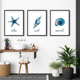 Set Of 3 Bathroom Shell Prints, Relax, Soak, Unwind, Blue Beach Wall Art, Ocean, Starfish - thumbnail 2