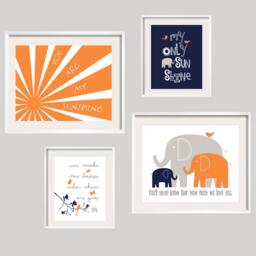 Modern Kids Wall Art, Elephants You Are My Sunshine Orange Navy Gray Nursery Decor Toddler Art Prints Or Canvas Set Of 4 Choose Size - thumbnail 1
