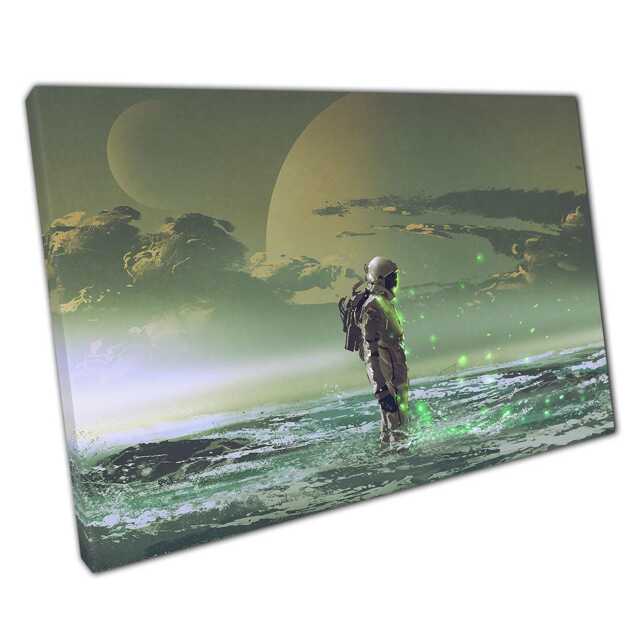 Astronaut Sea Wall Art Print Glowing Green Fantasy Decor With Planets Sci-Fi Canvas Picture For Home Office - image 1