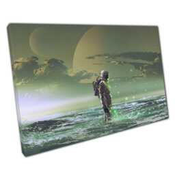 Astronaut Sea Wall Art Print Glowing Green Fantasy Decor With Planets Sci-Fi Canvas Picture For Home Office - thumbnail 1