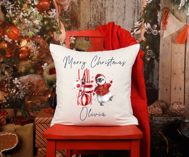 Merry Christmas Red Penguin Personalised Cushion - image 1