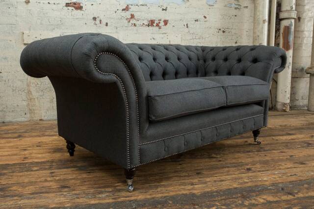 2 Seater Charcoal Grey Herringbone Wool Chesterfield Sofa, British Handmade - image 1