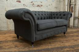 2 Seater Charcoal Grey Herringbone Wool Chesterfield Sofa, British Handmade - thumbnail 1