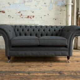2 Seater Charcoal Grey Herringbone Wool Chesterfield Sofa, British Handmade - thumbnail 2