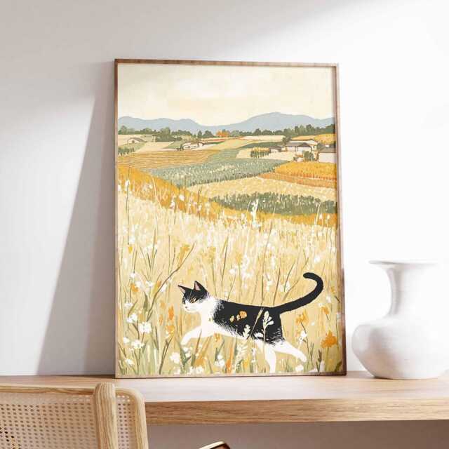 Rustic Cat Wall Art Print, Countryside Landscape Poster, Vintage Farmhouse Animal Illustration, Nature Inspired Home Decor - image 1