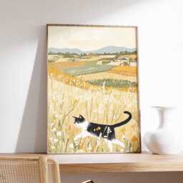Rustic Cat Wall Art Print, Countryside Landscape Poster, Vintage Farmhouse Animal Illustration, Nature Inspired Home Decor - thumbnail 1