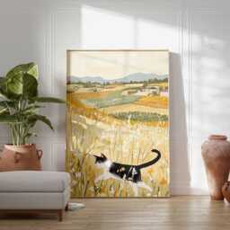 Rustic Cat Wall Art Print, Countryside Landscape Poster, Vintage Farmhouse Animal Illustration, Nature Inspired Home Decor - thumbnail 3