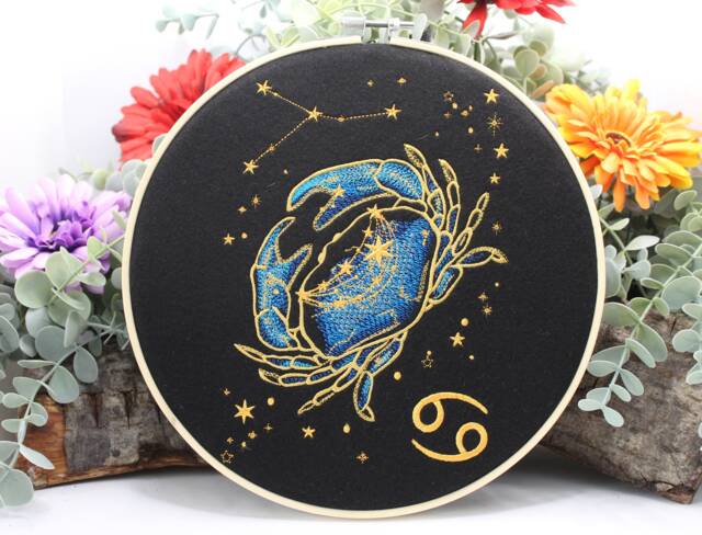 Cancer Zodiac Sign Embroidery Hoop Art Constellation Wall Decor - image 1