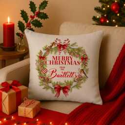 Personalised Christmas Cushion Cover Custom Robin Wreath Throw Pillow Stocking Filler Christmassy Festive Home Decor Family Name Gift Ekcc12