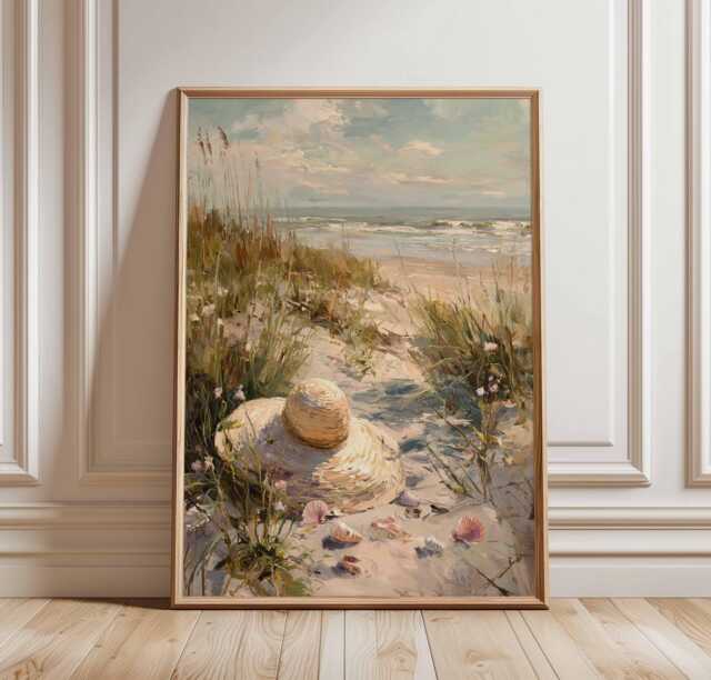 Beach Path Poster, Coastal Straw Hat Print, Seaside Sand Dune Wall Art, Summer Ocean Nature Decor - image 1