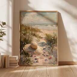 Beach Path Poster, Coastal Straw Hat Print, Seaside Sand Dune Wall Art, Summer Ocean Nature Decor - thumbnail 3