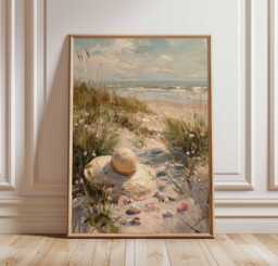 Beach Path Poster, Coastal Straw Hat Print, Seaside Sand Dune Wall Art, Summer Ocean Nature Decor - thumbnail 1