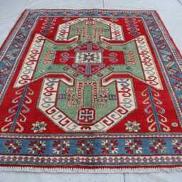 5x6 Ft Luxury Afghan New Area Rug, Medallion Kazak Geometric Rug, Hand Knotted Rug For Living Room - thumbnail 2