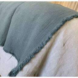 "Blueberry Natural Flax Linen Blanket With Fringe, Thick & Warm, Gorgeous Size 82""x93" - thumbnail 3