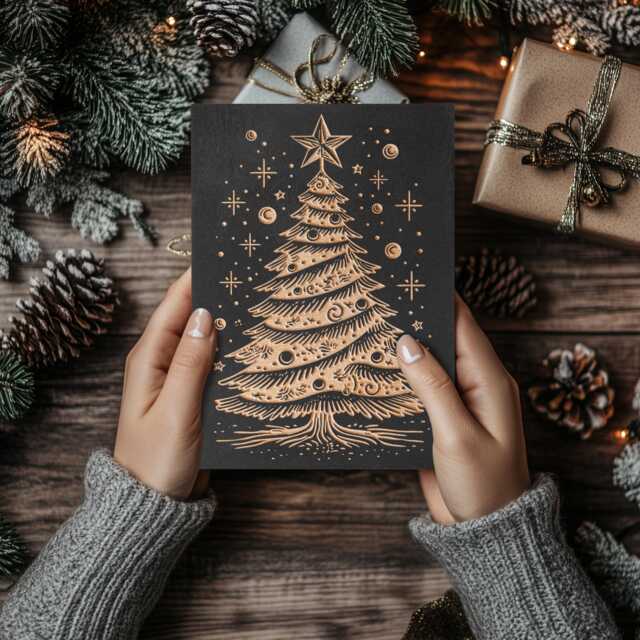Mid Century Modern Christmas Tree Engraved Wood Panel - Block Print Wall Art, Retro Illustration Print, Holiday Home Decor Gift - image 1