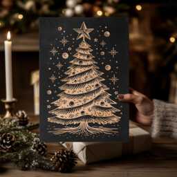 Mid Century Modern Christmas Tree Engraved Wood Panel - Block Print Wall Art, Retro Illustration Print, Holiday Home Decor Gift - thumbnail 3