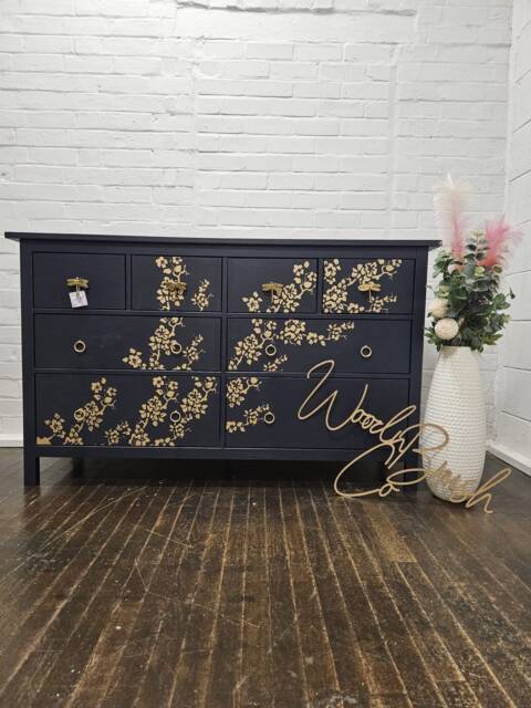 Double Chest Of Drawers 160 cm Painted Bespoke Stencilled Navy & Gold Cherry Blossom - image 1