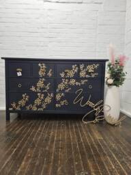 Double Chest Of Drawers 160 cm Painted Bespoke Stencilled Navy & Gold Cherry Blossom