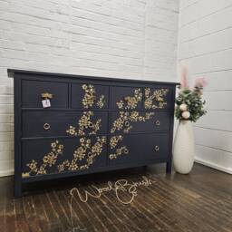 Double Chest Of Drawers 160 cm Painted Bespoke Stencilled Navy & Gold Cherry Blossom - thumbnail 2