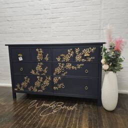 Double Chest Of Drawers 160 cm Painted Bespoke Stencilled Navy & Gold Cherry Blossom - thumbnail 3