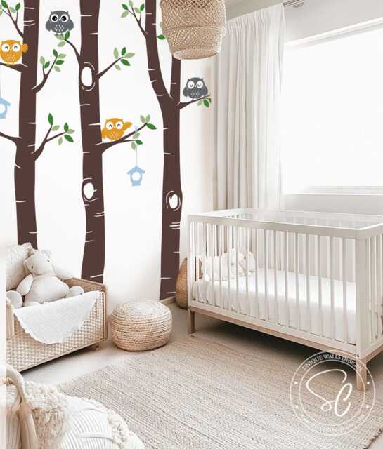 Birch Trees & Owls Nursery Wall Decal, Woodland Decor - image 1