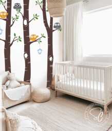 Birch Trees & Owls Nursery Wall Decal, Woodland Decor - thumbnail 1