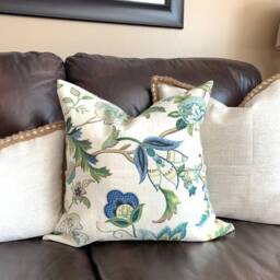 P. Kaufmann Brissac Floral Print Linen Navy Sapphire Blue Green Decorative Flower Pillow Covers Choose Size - thumbnail 1
