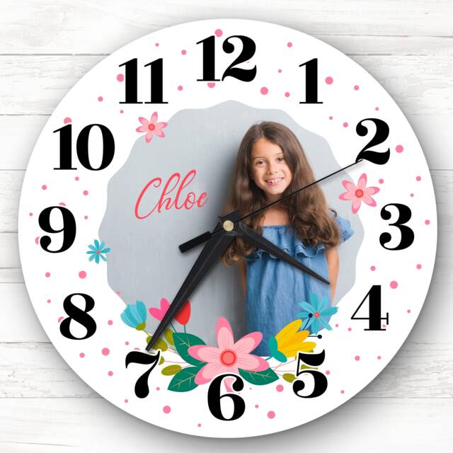 Pink Dots Floral Photo Frame Personalised Gift Clock - image 1