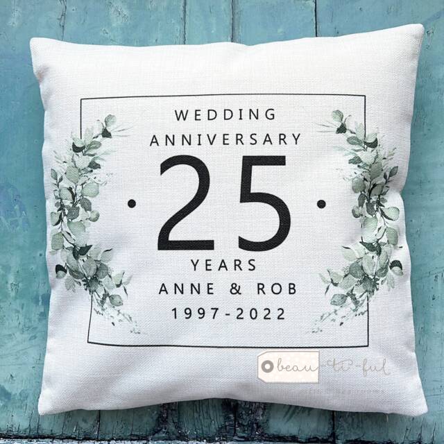 Personalised Names Wedding Anniversary 25Th 50Th 1St Home Quote Eucalyptus Greenery Design Linen Style Cushion Cover