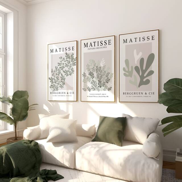 Green Set Of 3 Abstract Henri Matisse Prints, Modern, Gallery Wall Art, Bedroom, Living Room Decor, Neurtal 2460 - image 1