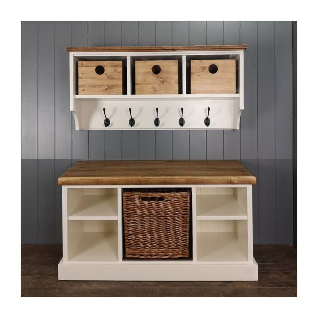 Hallway Set Shoe Bench, Coat Rack, Wicker Basket & Wooden Boxes - image 1